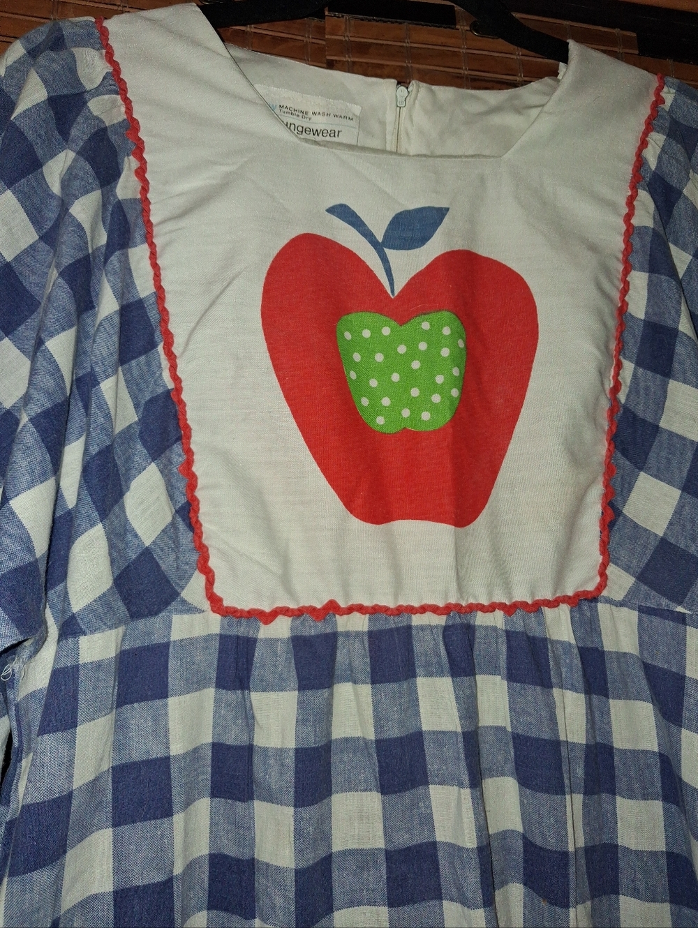 VINTAGE 1970S JCPENNY LOUNGEWEAR BLUE GINGHAM APPLE PRINT COTTON MAXI DRESS - Picture 3 of 5